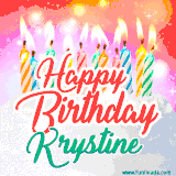 Bright birthday candles with rainbow flames on a cake, alongside the text 'Happy Birthday Krystine' in vibrant script in this celebratory animated GIF.