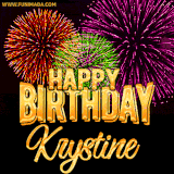 A golden 'Happy Birthday Krystine' message with vibrant fireworks in the background, creating a festive and celebratory vibe in this animated name GIF.