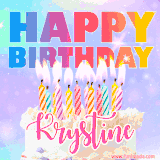 A vibrant animated name GIF with the words 'Happy Birthday Krystine' with colorful candles on a creamy cake. The background sparkles with pastel shades, adding a festive touch.