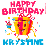 A vibrant and funny gift box character with a happy face dancing with a cupcake and the text 'Happy Birthday Krystine,' surrounded by animated confetti and party vibes.