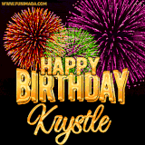 A golden 'Happy Birthday Krystle' message with vibrant fireworks in the background, creating a festive and celebratory vibe in this animated name GIF.