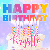 A vibrant animated name GIF with the words 'Happy Birthday Krystle' with colorful candles on a creamy cake. The background sparkles with pastel shades, adding a festive touch.