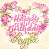 A stunning heart made of pink roses surrounds the elegant script text 'Happy Birthday Krystle' on a soft beige background. Animated sparkles add a magical and festive feel.