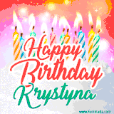 Bright birthday candles with rainbow flames on a cake, alongside the text 'Happy Birthday Krystyna' in vibrant script in this celebratory animated GIF.
