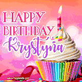 A vibrant birthday GIF featuring a rainbow-colored cupcake topped with white frosting, sprinkles, and a lit candle. The text reads 'Happy Birthday Krystyna' in bold pink and violet letters with white outline.