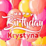 A vibrant name GIF featuring colorful balloons in shades of pink, orange, and yellow with the bold text 'Happy Birthday Krystyna' in festive fonts, creating a lively birthday vibe.