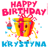A vibrant and funny gift box character with a happy face dancing with a cupcake and the text 'Happy Birthday Krystyna,' surrounded by animated confetti and party vibes.