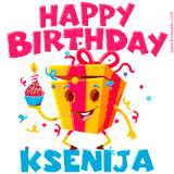 A vibrant and funny gift box character with a happy face dancing with a cupcake and the text 'Happy Birthday Ksenija,' surrounded by animated confetti and party vibes.