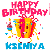 A vibrant and funny gift box character with a happy face dancing with a cupcake and the text 'Happy Birthday Kseniya,' surrounded by animated confetti and party vibes.