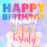 A vibrant animated name GIF with the words 'Happy Birthday Kshitij' with colorful candles on a creamy cake. The background sparkles with pastel shades, adding a festive touch.