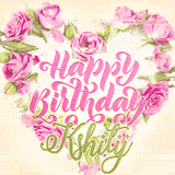 A stunning heart made of pink roses surrounds the elegant script text 'Happy Birthday Kshitij' on a soft beige background. Animated sparkles add a magical and festive feel.