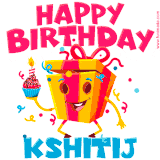 A vibrant and funny gift box character with a happy face dancing with a cupcake and the text 'Happy Birthday Kshitij,' surrounded by animated confetti and party vibes.