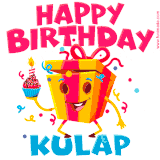 A vibrant and funny gift box character with a happy face dancing with a cupcake and the text 'Happy Birthday Kulap,' surrounded by animated confetti and party vibes.
