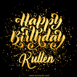 Animated GIF with colorful, festive 'Happy Birthday Kullen' text decorated with patterns, a party hat, and falling confetti. A vibrant and cheerful design for birthday celebrations.