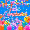 A vibrant animated GIF with 'Feliz Cumpleaños Kullen' written in colorful script, surrounded by balloons, confetti, and bunting on a bright blue background.