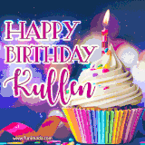 A festive animated GIF featuring a colorful cupcake with a single lit candle, sprinkles, and 'Happy Birthday Kullen' text against a sparkling, celebratory background.
