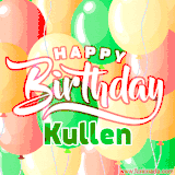 Animated GIF featuring colorful balloons in the background with the cheerful text 'Happy Birthday Kullen'.