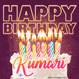 A colorful birthday cake topped with lit candles, with the words 'Happy Birthday Kumari' in bold glowing letters on a burgundy background. Animated flames add a festive touch.