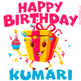 A vibrant and funny gift box character with a happy face dancing with a cupcake and the text 'Happy Birthday Kumari,' surrounded by animated confetti and party vibes.
