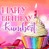 A vibrant birthday GIF featuring a rainbow-colored cupcake topped with white frosting, sprinkles, and a lit candle. The text reads 'Happy Birthday Kunibert' in bold pink and violet letters with white outline.