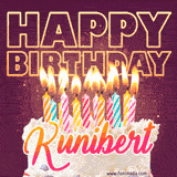 A colorful birthday cake topped with lit candles, with the words 'Happy Birthday Kunibert' in bold glowing letters on a burgundy background. Animated flames add a festive touch.