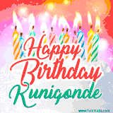 Bright birthday candles with rainbow flames on a cake, alongside the text 'Happy Birthday Kunigonde' in vibrant script in this celebratory animated GIF.