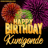 A golden 'Happy Birthday Kunigonde' message with vibrant fireworks in the background, creating a festive and celebratory vibe in this animated name GIF.