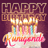 A colorful birthday cake topped with lit candles, with the words 'Happy Birthday Kunigonde' in bold glowing letters on a burgundy background. Animated flames add a festive touch.