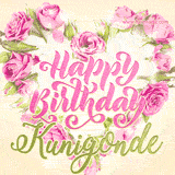 A stunning heart made of pink roses surrounds the elegant script text 'Happy Birthday Kunigonde' on a soft beige background. Animated sparkles add a magical and festive feel.