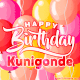 A vibrant name GIF featuring colorful balloons in shades of pink, orange, and yellow with the bold text 'Happy Birthday Kunigonde' in festive fonts, creating a lively birthday vibe.