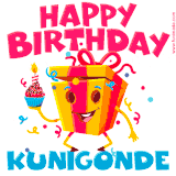 A vibrant and funny gift box character with a happy face dancing with a cupcake and the text 'Happy Birthday Kunigonde,' surrounded by animated confetti and party vibes.