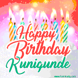 Bright birthday candles with rainbow flames on a cake, alongside the text 'Happy Birthday Kunigunde' in vibrant script in this celebratory animated GIF.
