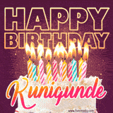 A colorful birthday cake topped with lit candles, with the words 'Happy Birthday Kunigunde' in bold glowing letters on a burgundy background. Animated flames add a festive touch.