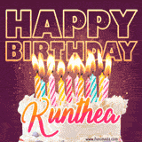 A colorful birthday cake topped with lit candles, with the words 'Happy Birthday Kunthea' in bold glowing letters on a burgundy background. Animated flames add a festive touch.