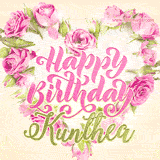 A stunning heart made of pink roses surrounds the elegant script text 'Happy Birthday Kunthea' on a soft beige background. Animated sparkles add a magical and festive feel.