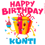 A vibrant and funny gift box character with a happy face dancing with a cupcake and the text 'Happy Birthday Kunti,' surrounded by animated confetti and party vibes.