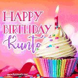 A vibrant birthday GIF featuring a rainbow-colored cupcake topped with white frosting, sprinkles, and a lit candle. The text reads 'Happy Birthday Kunto' in bold pink and violet letters with white outline.