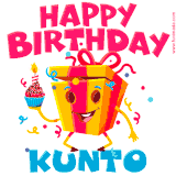 A vibrant and funny gift box character with a happy face dancing with a cupcake and the text 'Happy Birthday Kunto,' surrounded by animated confetti and party vibes.