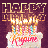 A colorful birthday cake topped with lit candles, with the words 'Happy Birthday Kupiñe' in bold glowing letters on a burgundy background. Animated flames add a festive touch.