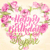 A stunning heart made of pink roses surrounds the elegant script text 'Happy Birthday Kupiñe' on a soft beige background. Animated sparkles add a magical and festive feel.