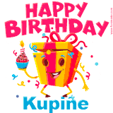A vibrant and funny gift box character with a happy face dancing with a cupcake and the text 'Happy Birthday Kupiñe,' surrounded by animated confetti and party vibes.