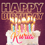 A colorful birthday cake topped with lit candles, with the words 'Happy Birthday Kuria' in bold glowing letters on a burgundy background. Animated flames add a festive touch.