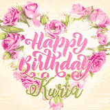 A stunning heart made of pink roses surrounds the elegant script text 'Happy Birthday Kuria' on a soft beige background. Animated sparkles add a magical and festive feel.