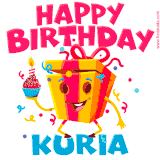 A vibrant and funny gift box character with a happy face dancing with a cupcake and the text 'Happy Birthday Kuria,' surrounded by animated confetti and party vibes.