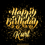 Animated GIF with colorful, festive 'Happy Birthday Kurt' text decorated with patterns, a party hat, and falling confetti. A vibrant and cheerful design for birthday celebrations.
