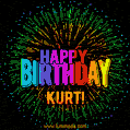 A colorful animated GIF featuring the text 'Happy Birthday Kurt!' in rainbow colors with a dynamic iridescent firework display in the background.