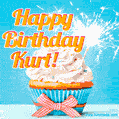 A cheerful animated GIF of a cupcake with creamy frosting, a red checkered ribbon, and a bright sparkler on top. The text 'Happy Birthday Kurt!' is displayed in vibrant orange and red.