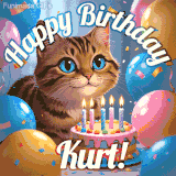 A playful tabby cat sits behind a colorful birthday cake surrounded by balloons and confetti, with 'Happy Birthday Kurt!' written above in festive letters.