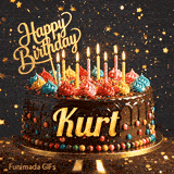 Shimmering gold star particles and bokeh lights surrounding a chocolate birthday cake custom-made for Kurt.