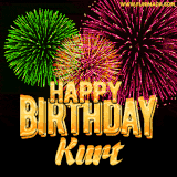 A captivating GIF with bursts of green, pink, and orange fireworks lighting up the night sky, accompanied by 'Happy Birthday Kurt' in glowing golden text.